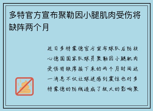 多特官方宣布聚勒因小腿肌肉受伤将缺阵两个月