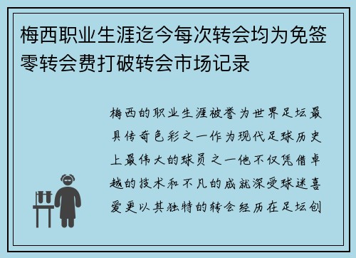 梅西职业生涯迄今每次转会均为免签零转会费打破转会市场记录